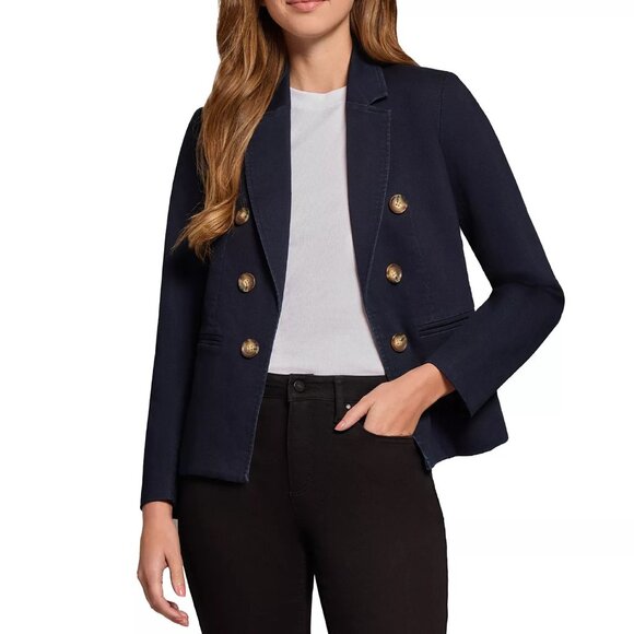 Jones New York Petite Denim Faux Double-Breasted Blazer/Jacket Dark Blue PS NWT - Picture 1 of 3
